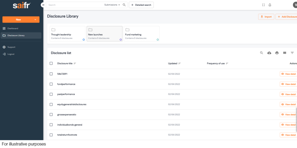 A picture of the disclosure library showing the list of disclosures in the system and how they can be grouped in folders for easy reference.